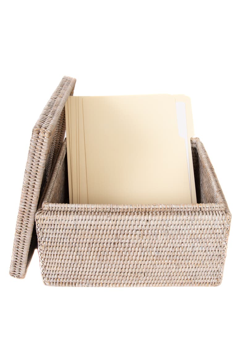 Rattan Flat File Storage Box with Lid, Alternate, color, White Wash