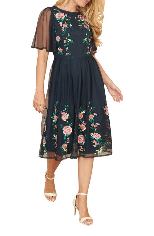 Yumi Embroidered Mesh Sleeve Prom Dress In Blue