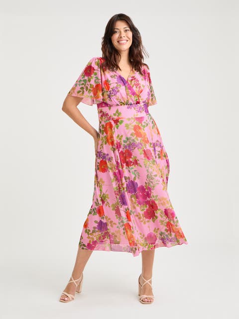 Victoria Floral Angel Sleeve Midi Dress