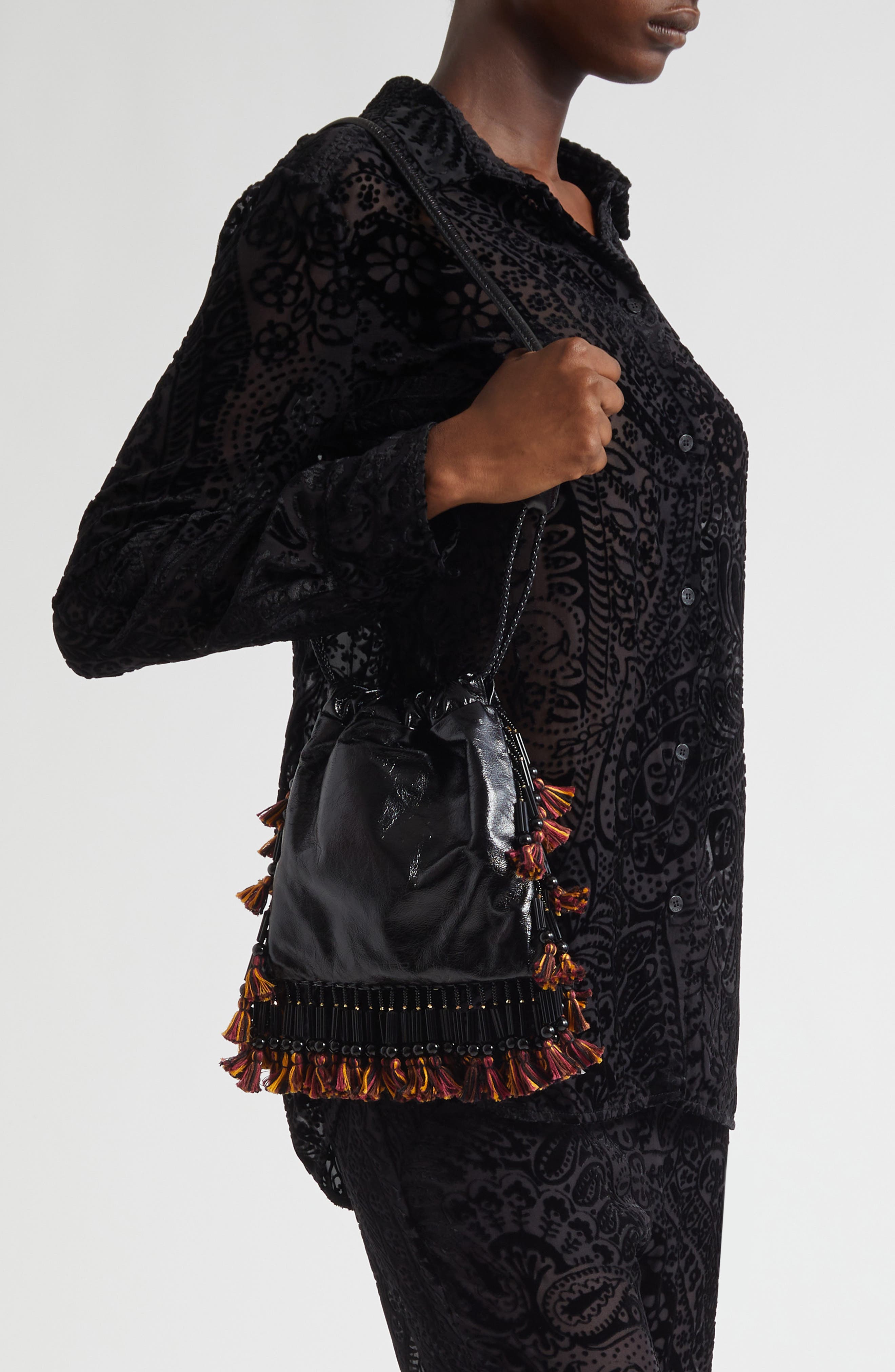 Etro Kalispera Embroidered Fringe Leather Shoulder Bag, Alternate, color, Nero