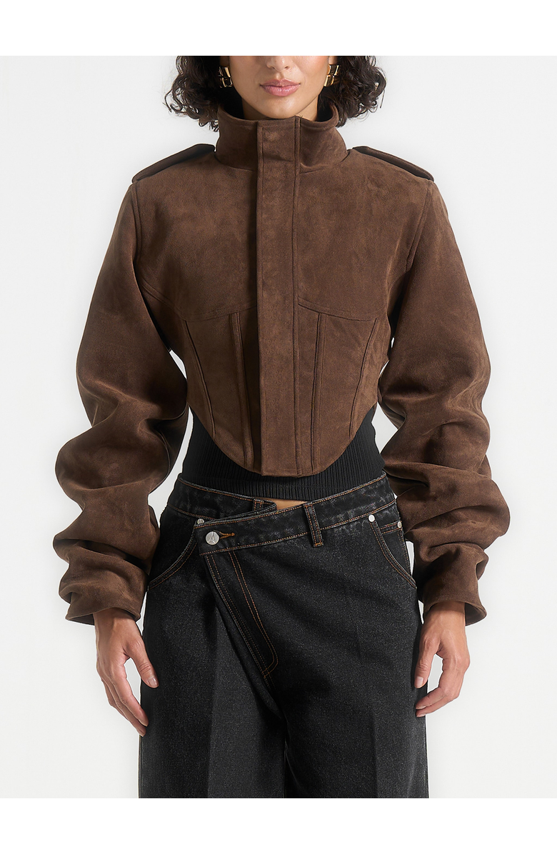 Manière De Voir Solange Suede Tacked Sleeve Corset Jacket, Main, color, Brown