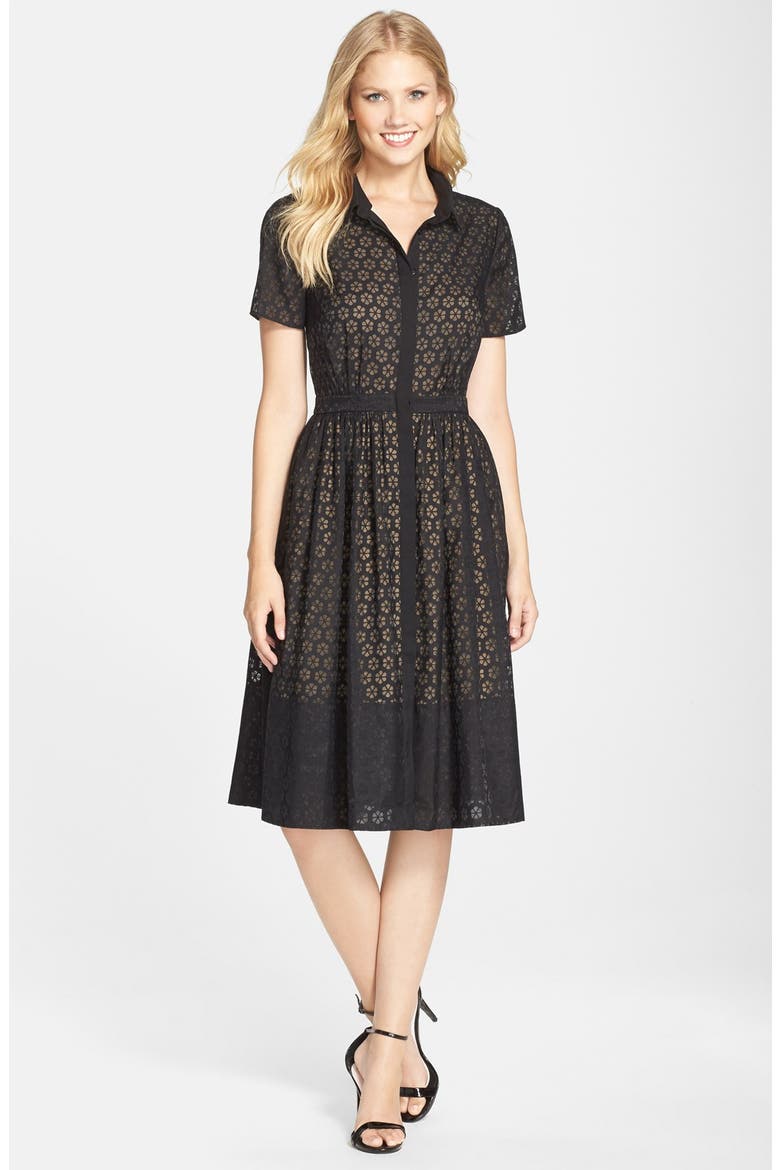'Colette' Organza Fit & Flare Shirtdress, Main, color, BLACK