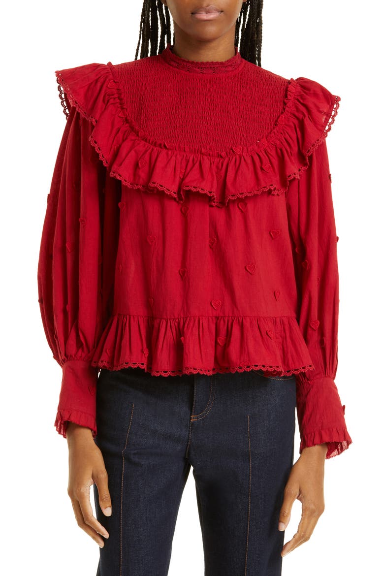 Heart Appliqué Cotton Blouse, Main, color, RED