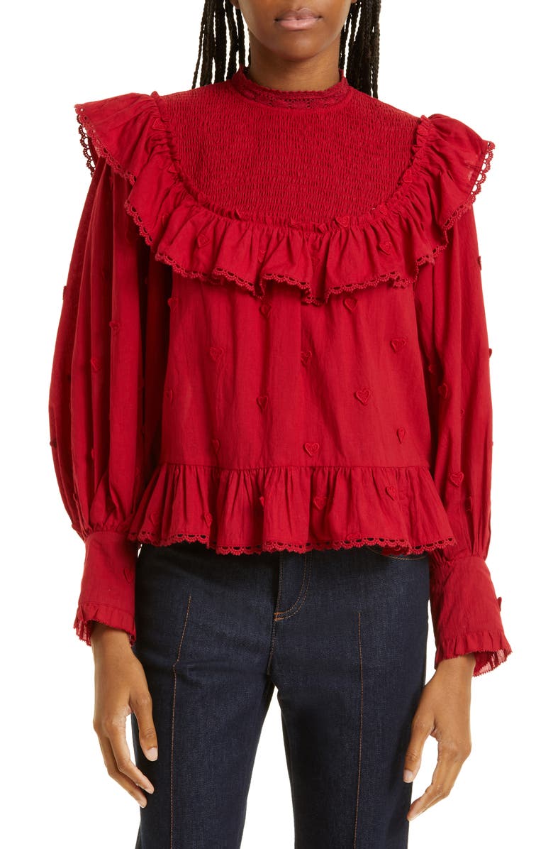 FARM Rio Heart Appliqué Cotton Blouse, Main, color, 