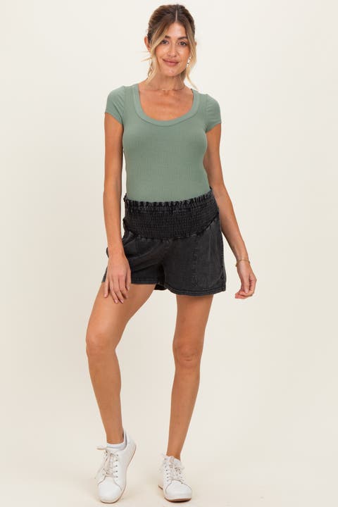 Smocked Waist Mineral Wash Shorts