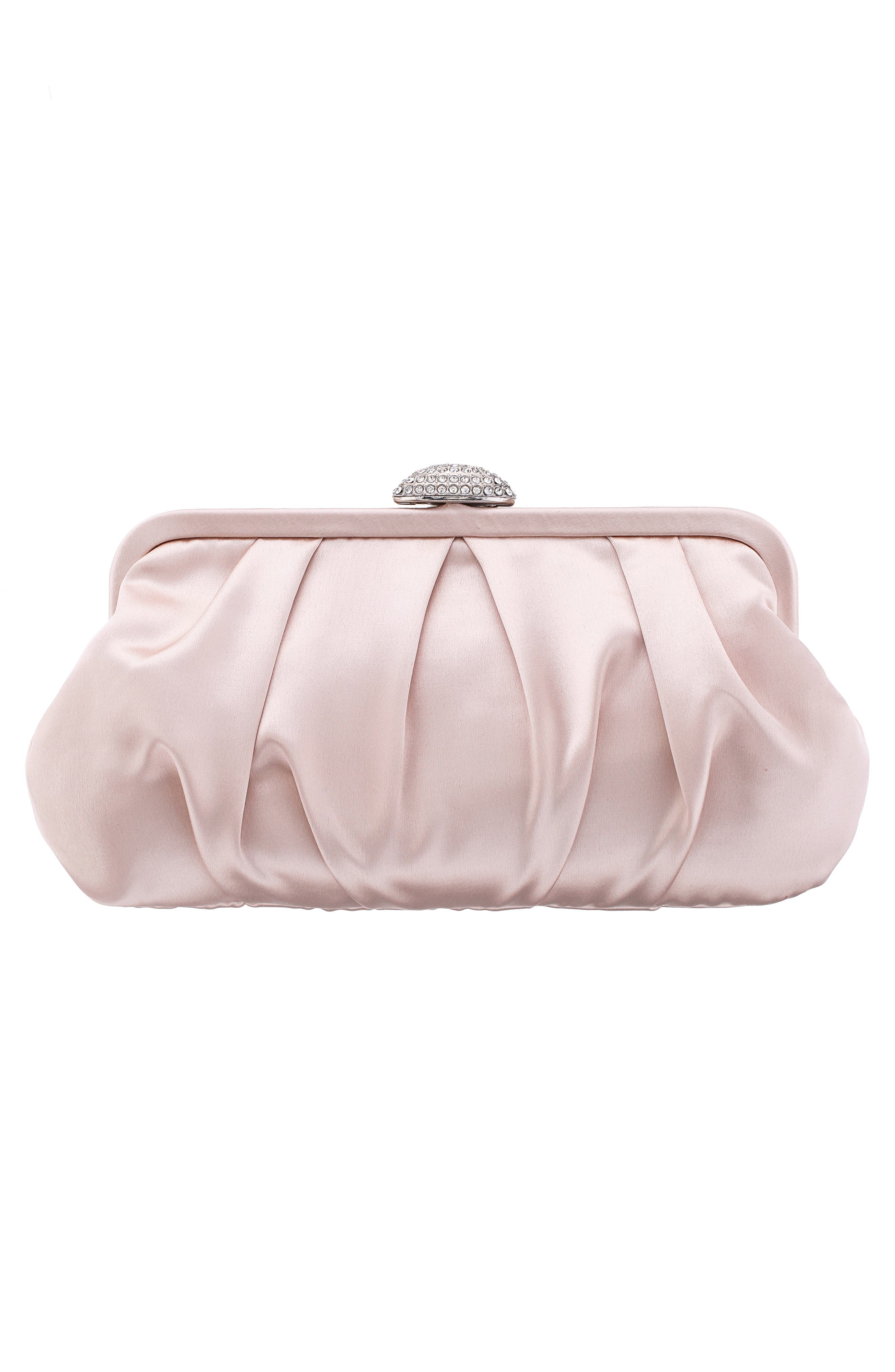 Concord Pleated Satin Frame Clutch, Alternate, color, PEARL ROSE