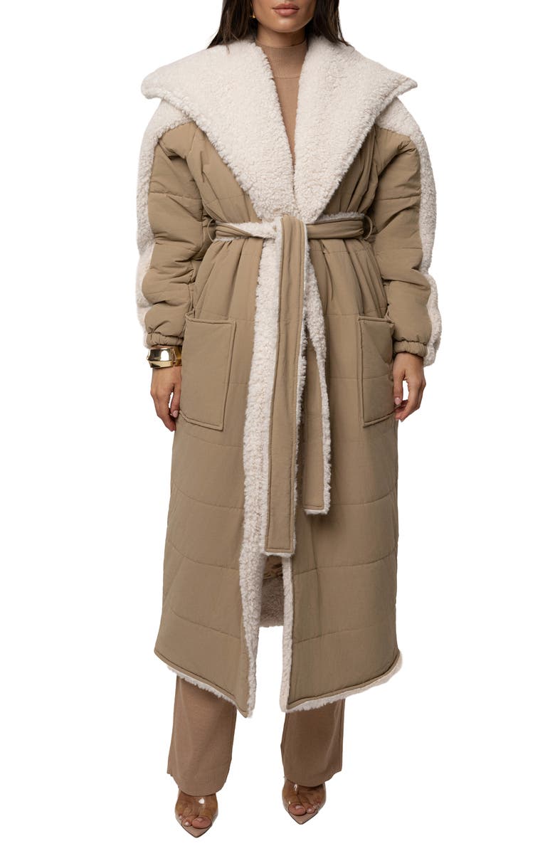 JLUXLABEL Quilted Longline Coat with High Pile Fleece Lining, Main, color, Beige