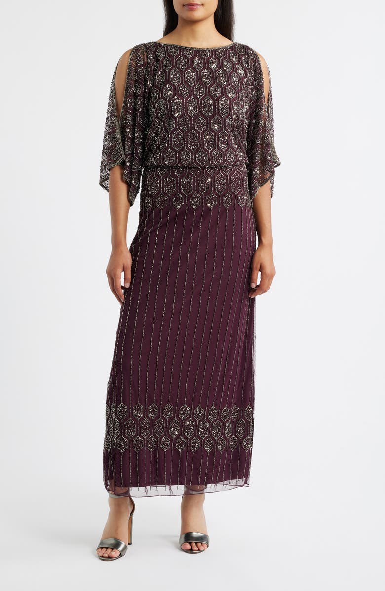 Pisarro Nights Beaded Blouson Split Sleeve Gown, Main, color, Wine