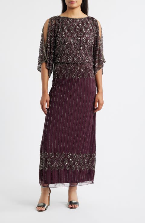 Beaded Blouson Split Sleeve Gown