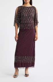Pisarro Nights Beaded Blouson Split Sleeve Gown