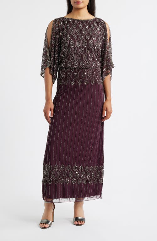 Pisarro Nights Beaded Blouson Split Sleeve Gown In Burgundy