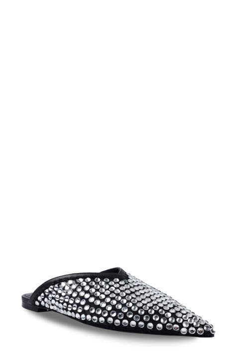 LIGHT BROWN CRYSTAL STUDDED FLAT MULE IN BLACK MESH UPPER
