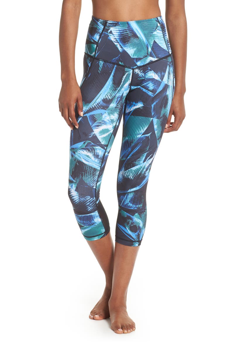'Hatha' High Waist Crop Leggings, Main, color, GREEN BUG PALM HAZE PRINT