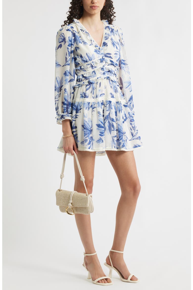 Long Sleeve Ruffle Trim Minidress, Alternate, color, IVORY - BLUE ADELINE FLORAL