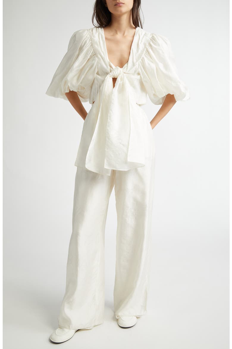 Tie Front Puff Sleeve Silk Bolero Top, Alternate, color, IVORY