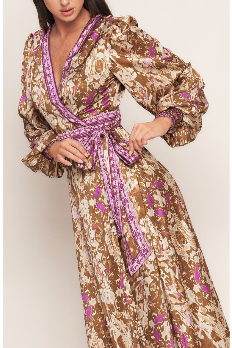 Long Sleeve Wrap Midi Dress, Alternate, color, BROWN