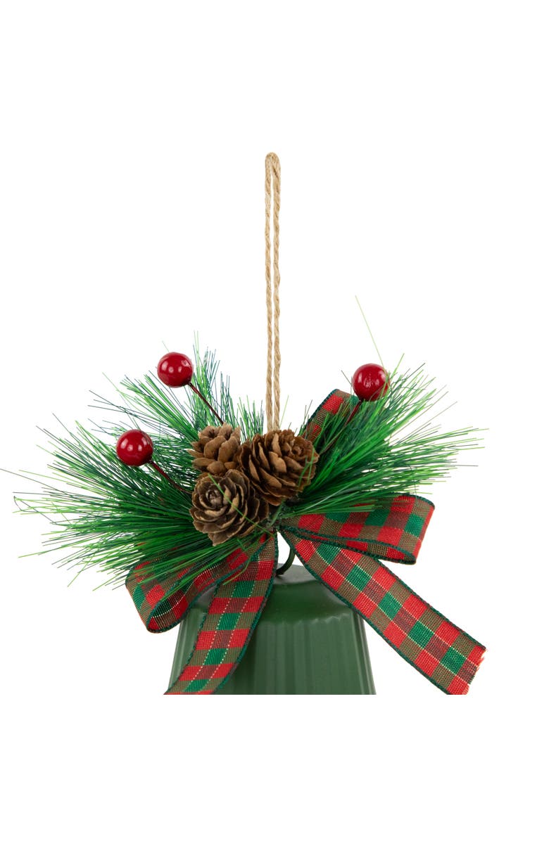 Northlight Christmas Bells with Pinecones and Plaid Bow Ornaments - 7" - Green - Set of 2, Alternate, color, Green
