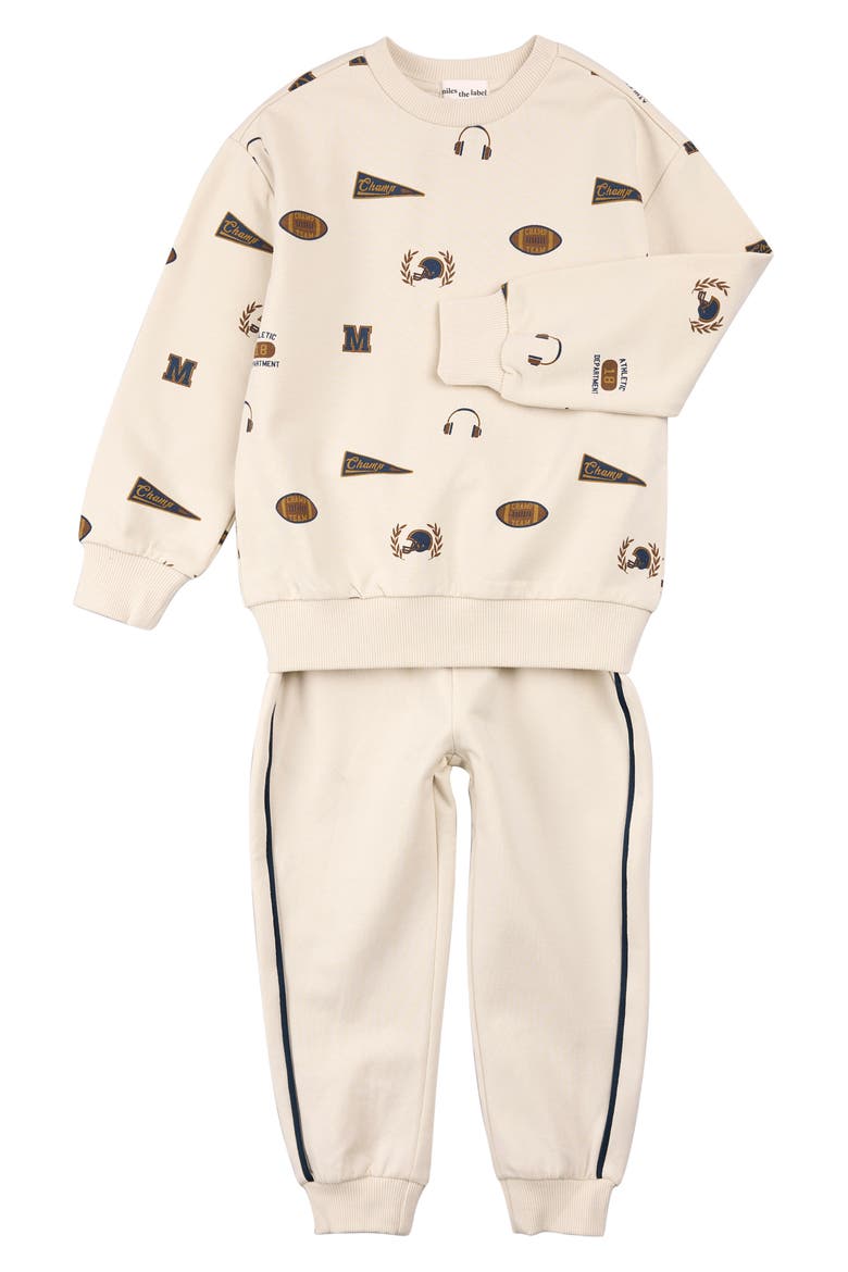 Varsity Print Crewneck & Joggers Set, Main, color, BEIGE