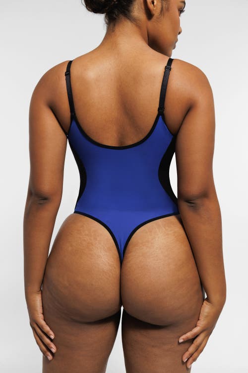 Shapellx Airslim Deep Plunge Thong Shaping Bodysuit In Midnight Blue