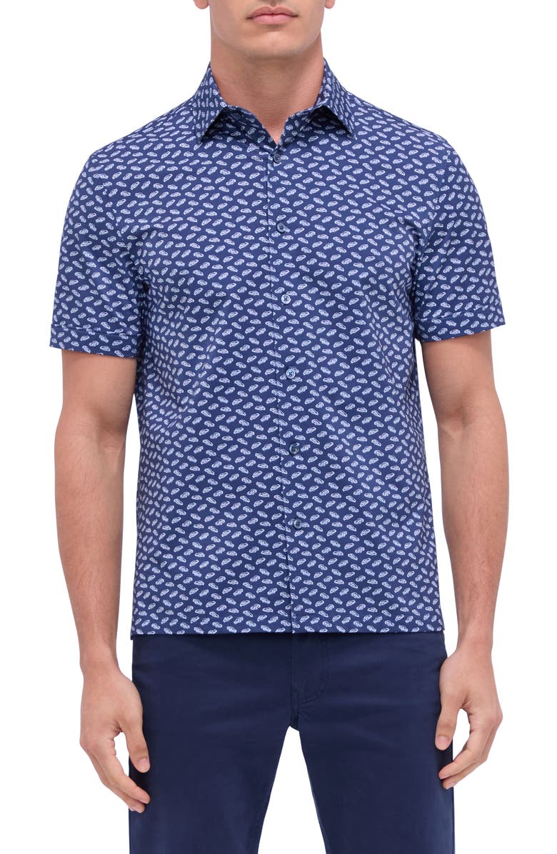Bugatchi Milo OoohCotton<sup>®</sup> Car Print Short Sleeve Button-Up Shirt, Main, color, 