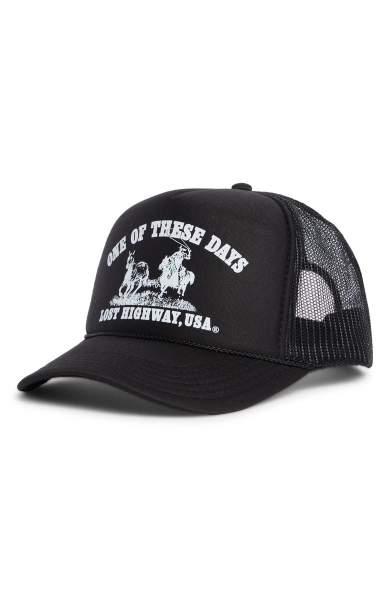 ONE OF THESE DAYS Lost Highway Trucker Hat, Main, color, Black