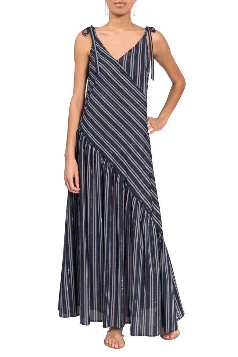 Kelsea Shimmer Stripe Cotton Cover-Up Maxi Dress, Main, color, MIDNIGHT STRIPE