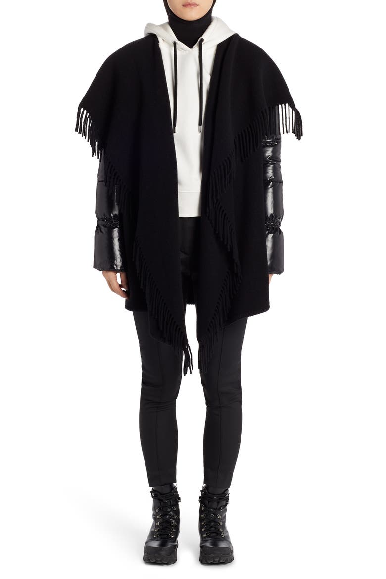 Mantella Down Puffer Sleeve Wool Cape Coat, Alternate, color, BLACK