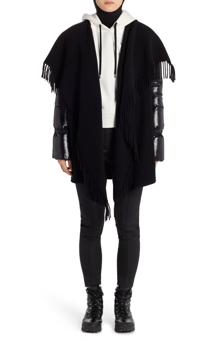 Moncler Mantella Down Puffer Sleeve Wool Cape Coat, Alternate, color, 