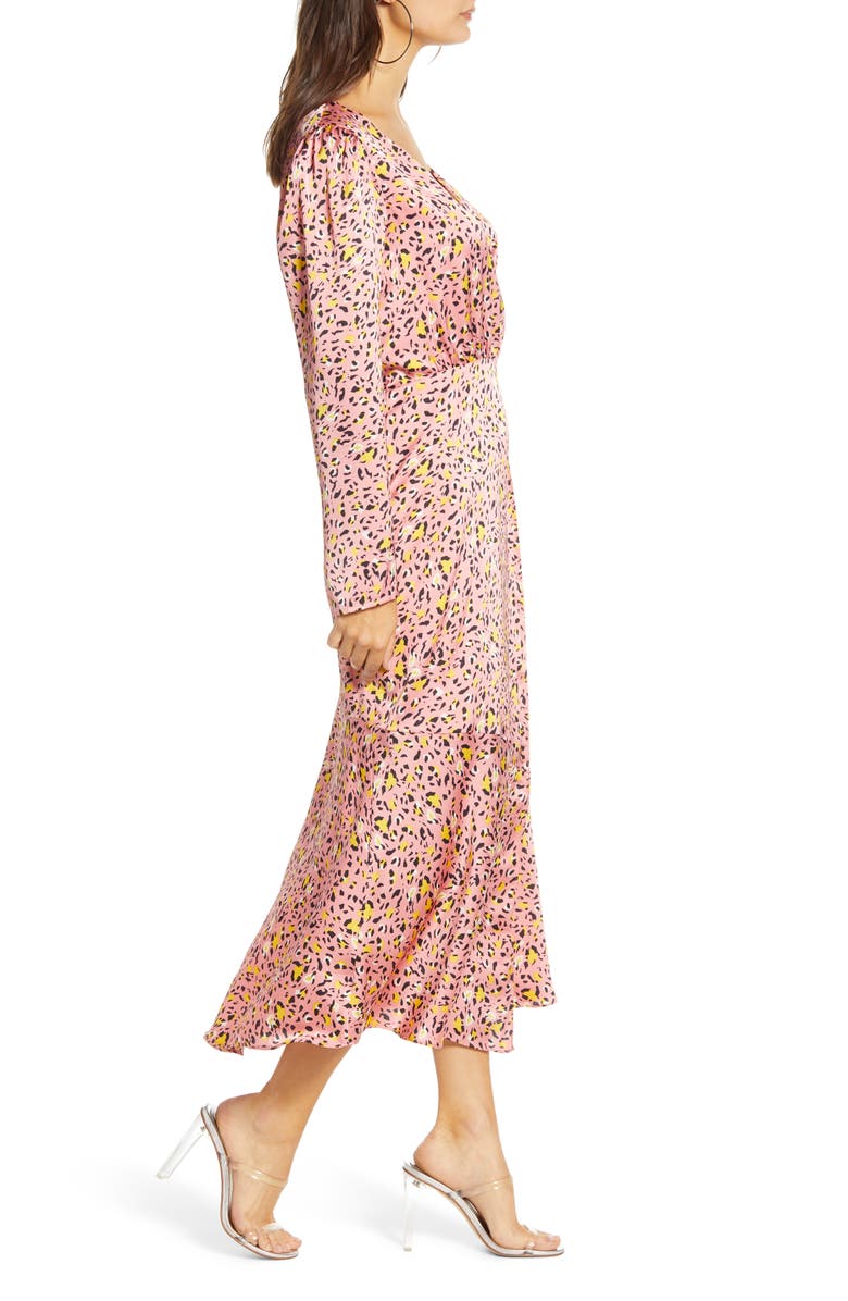 Leith Pink Leopard Print Long Sleeve Satin Midi Wrap Dress, Alternate, color, 