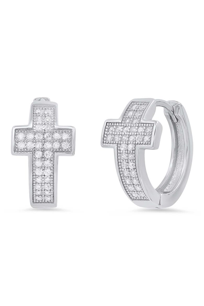 Simulated Diamond Cross Huggie Hoop Earrings, Main, color, SILVER