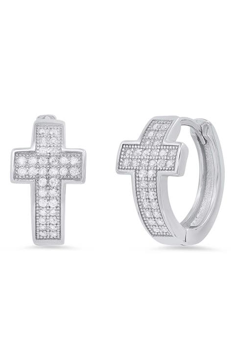 Simulated Diamond Cross Huggie Hoop Earrings
