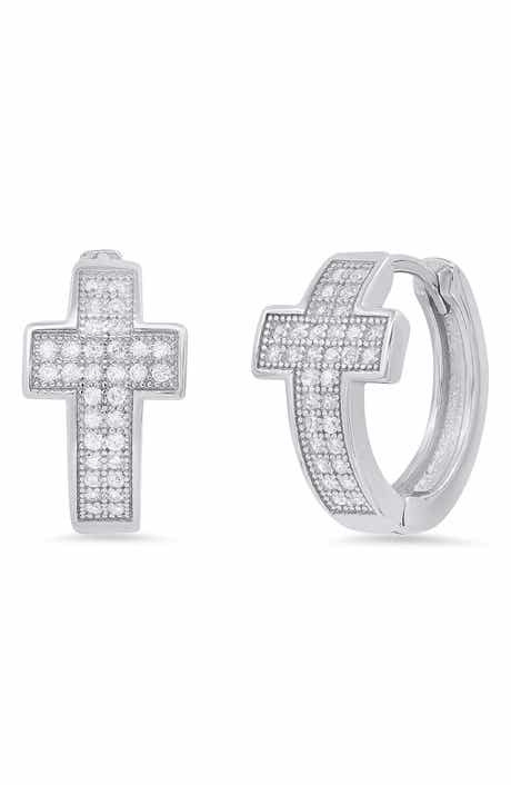Simulated Diamond Cross Huggie Hoop Earrings