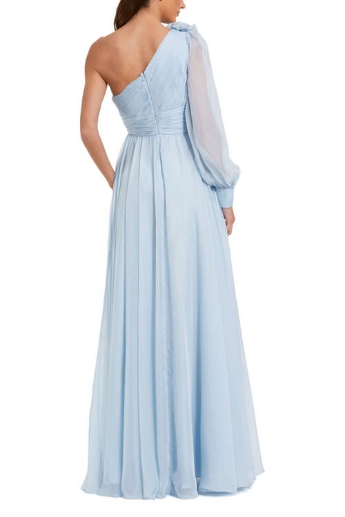 Mac Duggal One Sleeve Chiffon Gown With 3d Flowers In Powder Blue