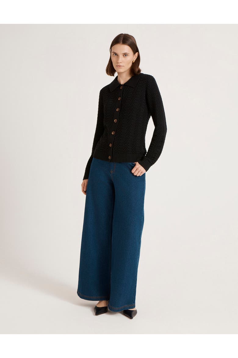 Emlyn Cotton Knitted Collared Cardigan, Alternate, color, Black