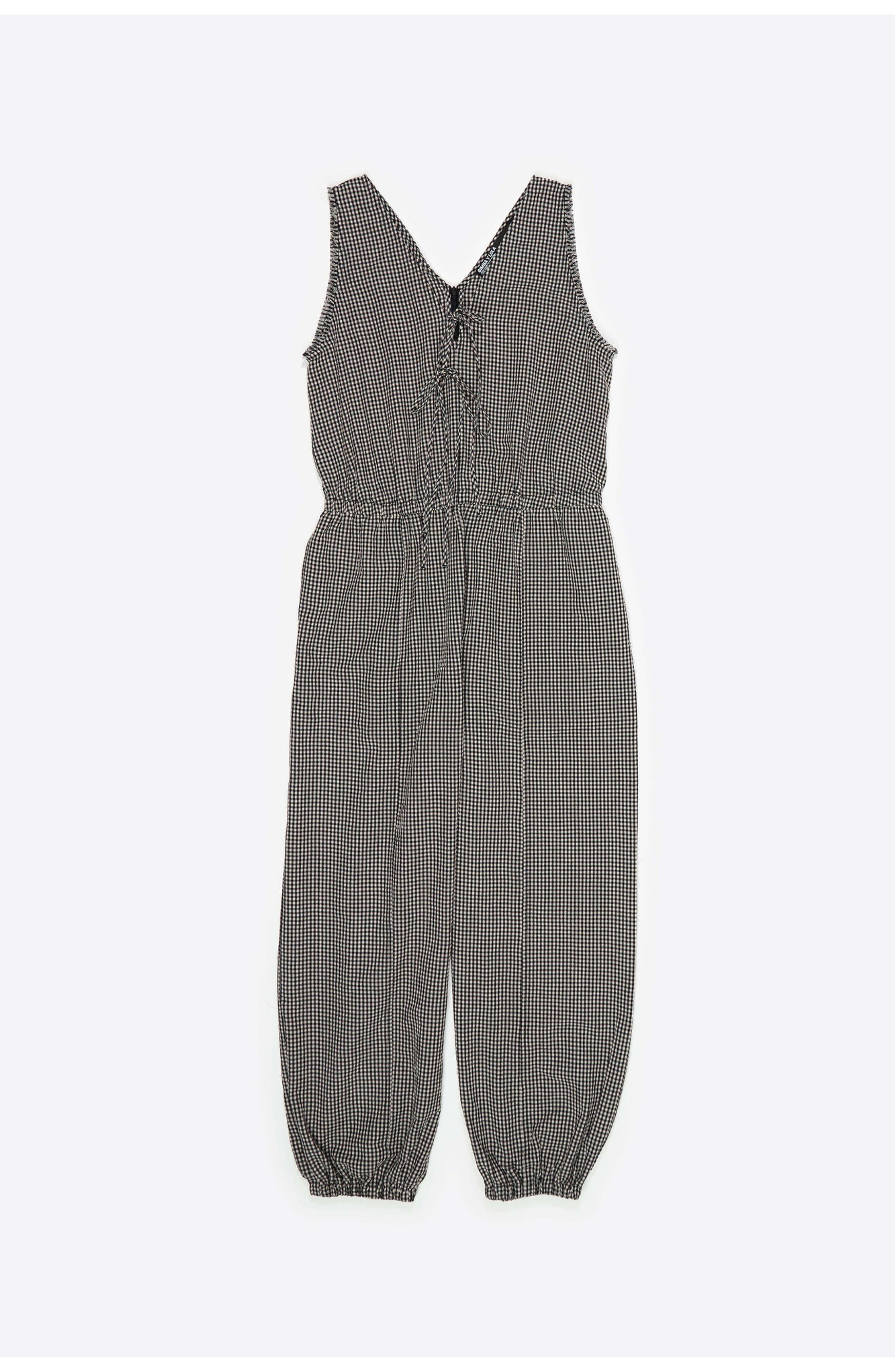 Checked Baggy Jumpsuit With Bows And Frayed Details