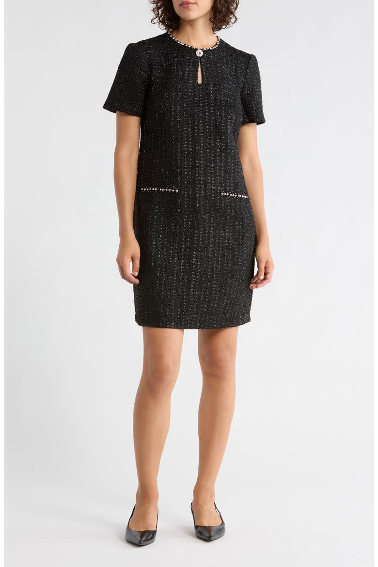 Jewel Neck Short Sleeve Tweed Shift Dress, Main, color, BLACK