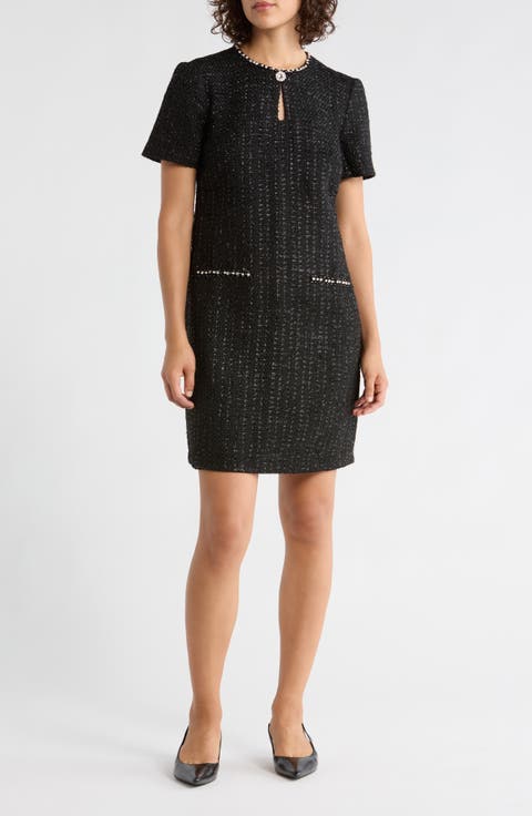 Jewel Neck Short Sleeve Tweed Shift Dress