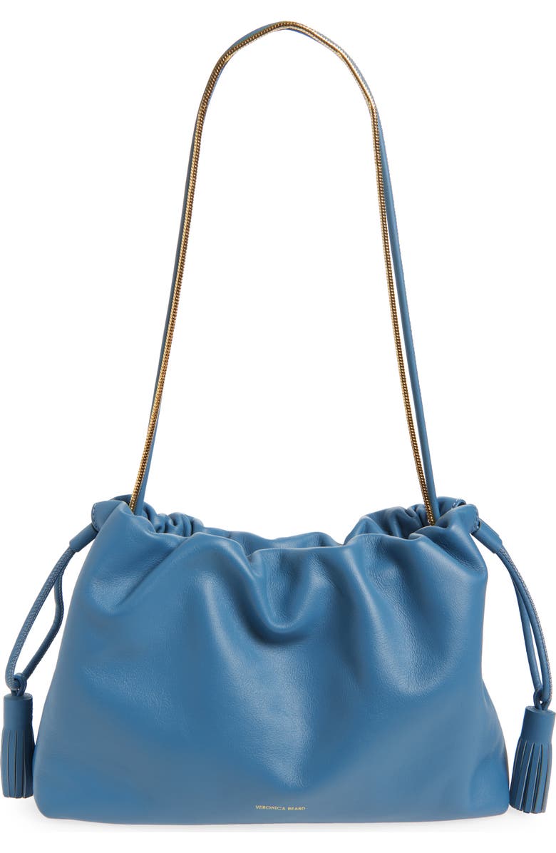 Veronica Beard Stash Leather Drawstring Clutch, Main, color, Lake Blue