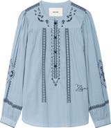 Zadig & Voltaire Tigy Long Sleeve Embroidered Cotton Top