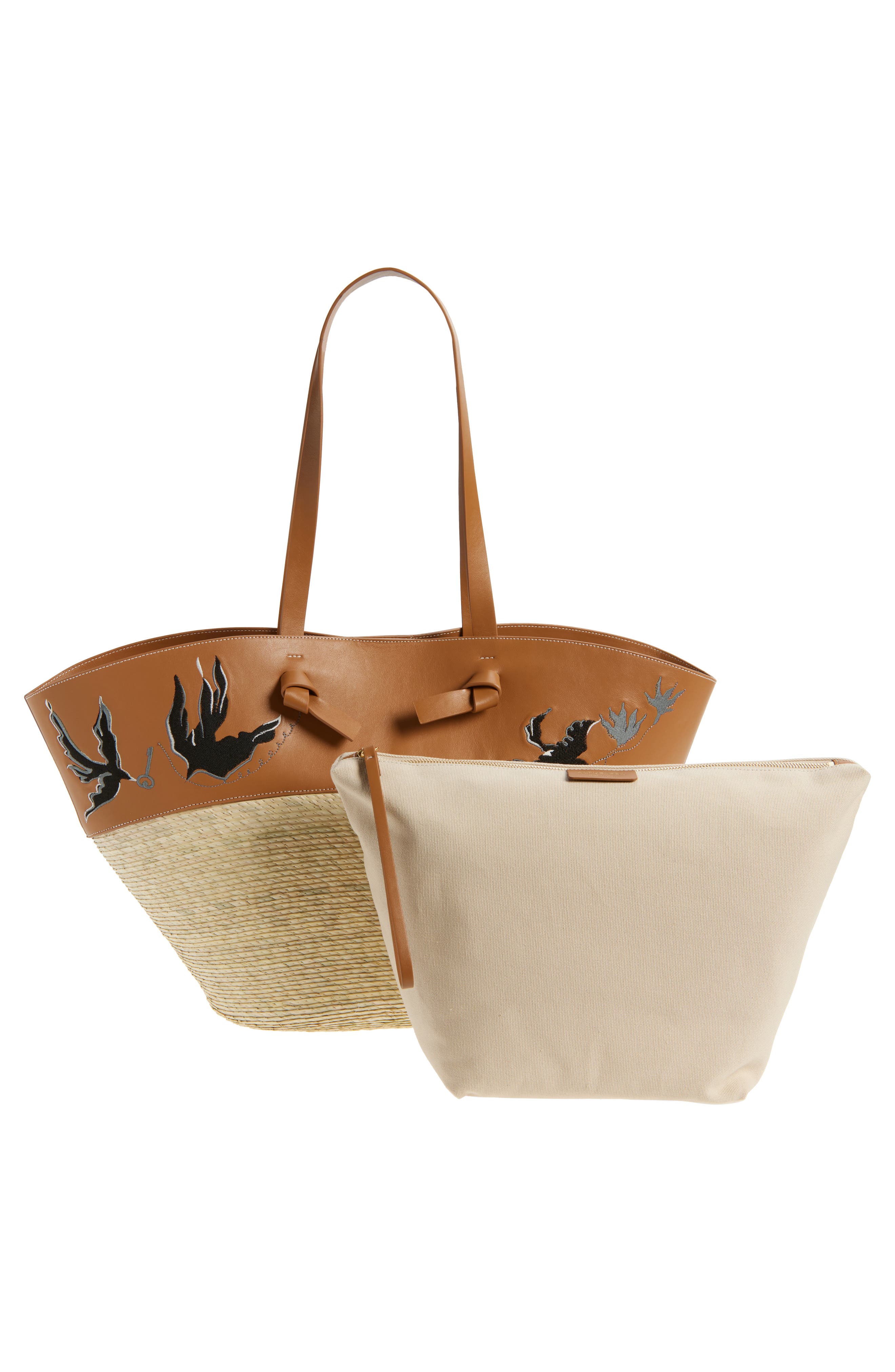Altuzarra Large Knot Leather & Straw Basket Tote, Alternate, color, Canyon Embroidered Bird