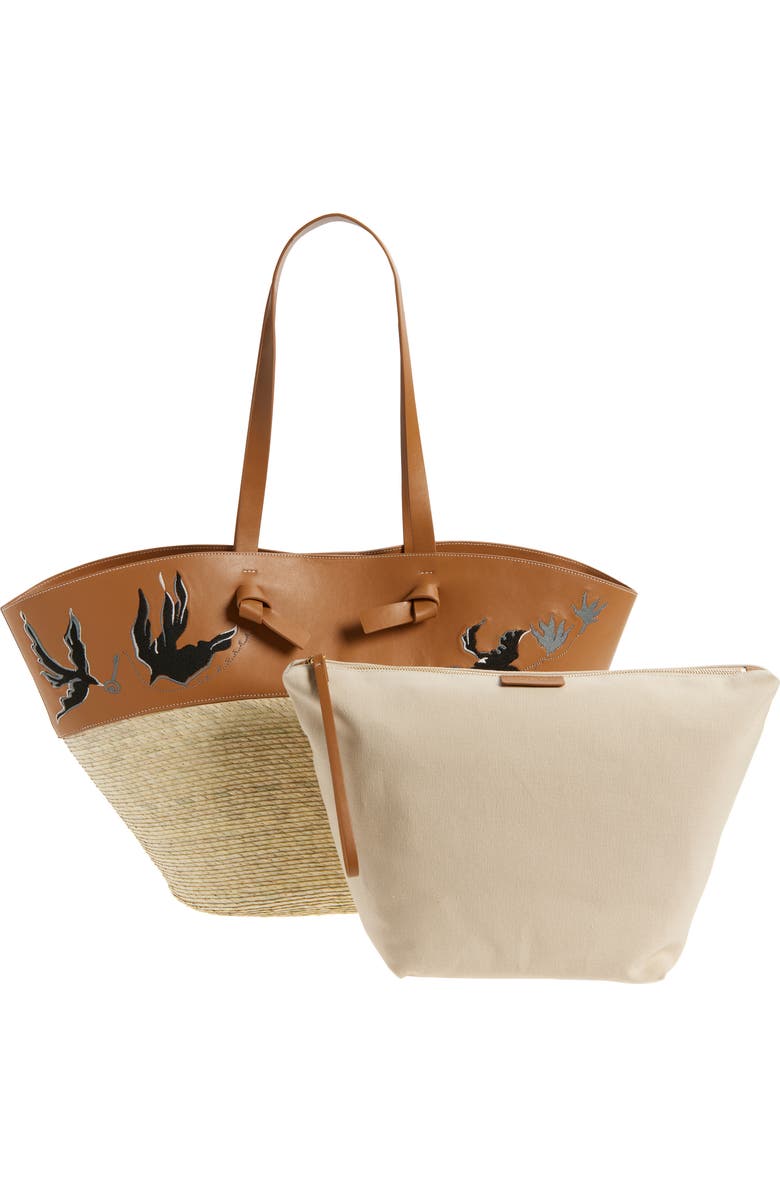 Altuzarra Large Knot Leather & Straw Basket Tote, Alternate, color, Canyon Embroidered Bird