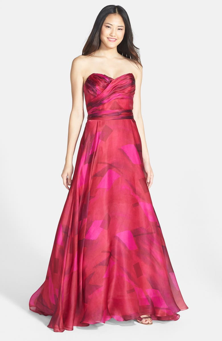 Mikael Aghal Ruched Silk Organza Strapless Gown, Main, color, 
