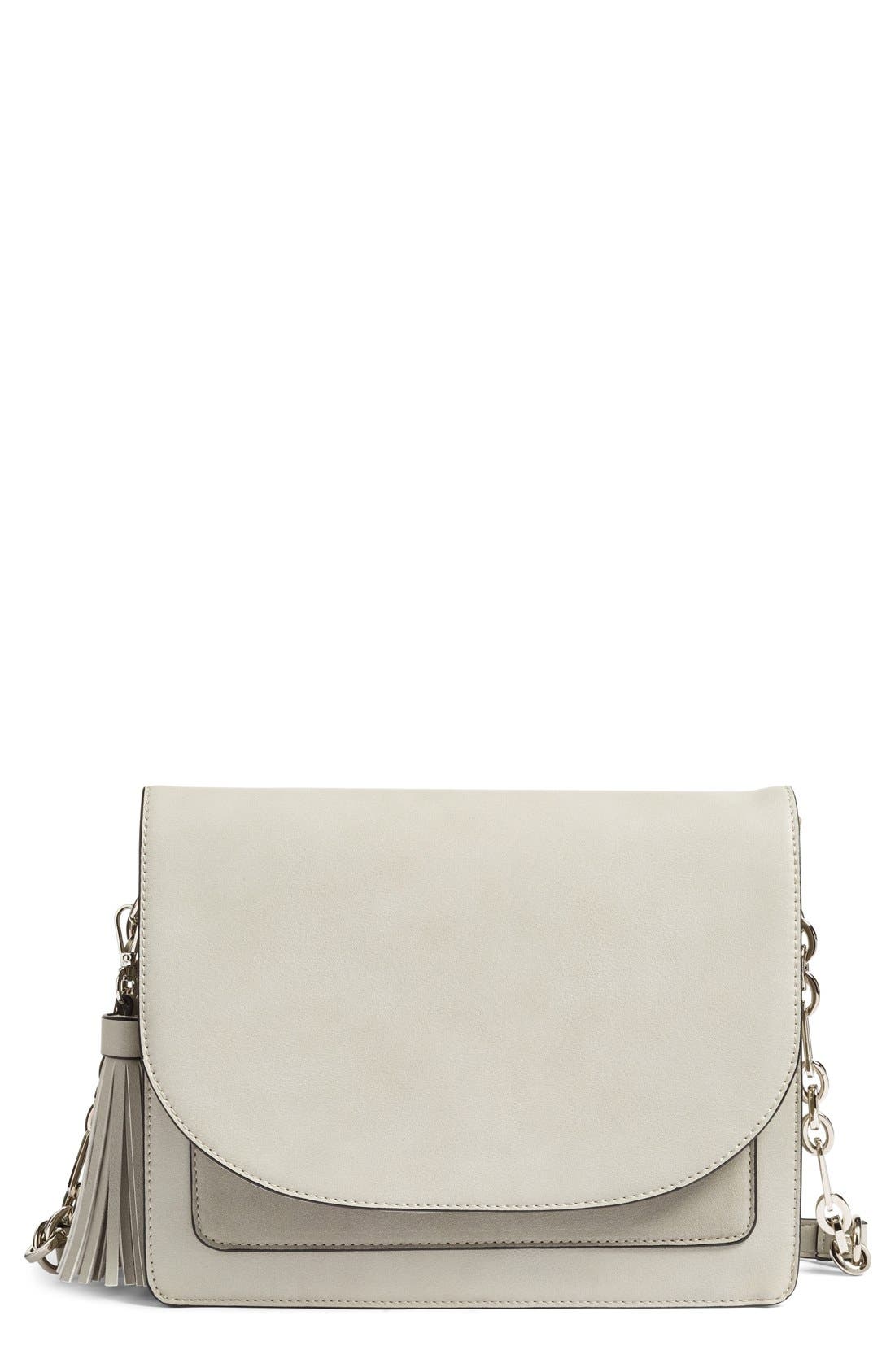 Tassel Faux Leather Shoulder Bag, Main, color, GREY MICRO