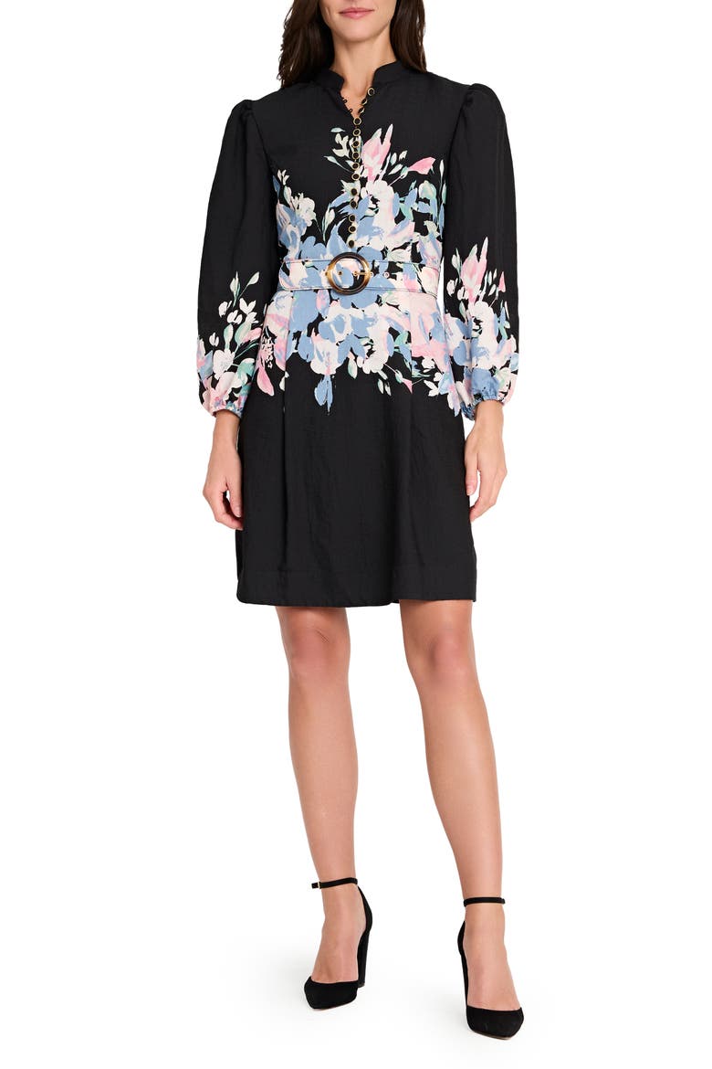 Border Belted Puff Shoulder Dress, Main, color, BLACK BLUE PINK