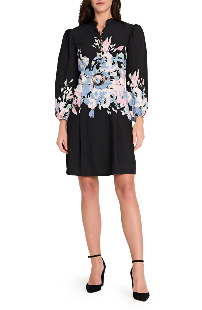 Tahari ASL Border Belted Puff Shoulder Dress, Main, color, Black Blue Pink