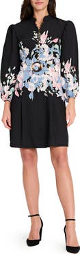 Tahari ASL Border Belted Puff Shoulder Dress