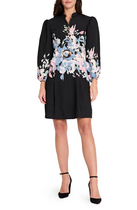 Tahari ASL Border Belted Puff Shoulder Dress (Petite)
