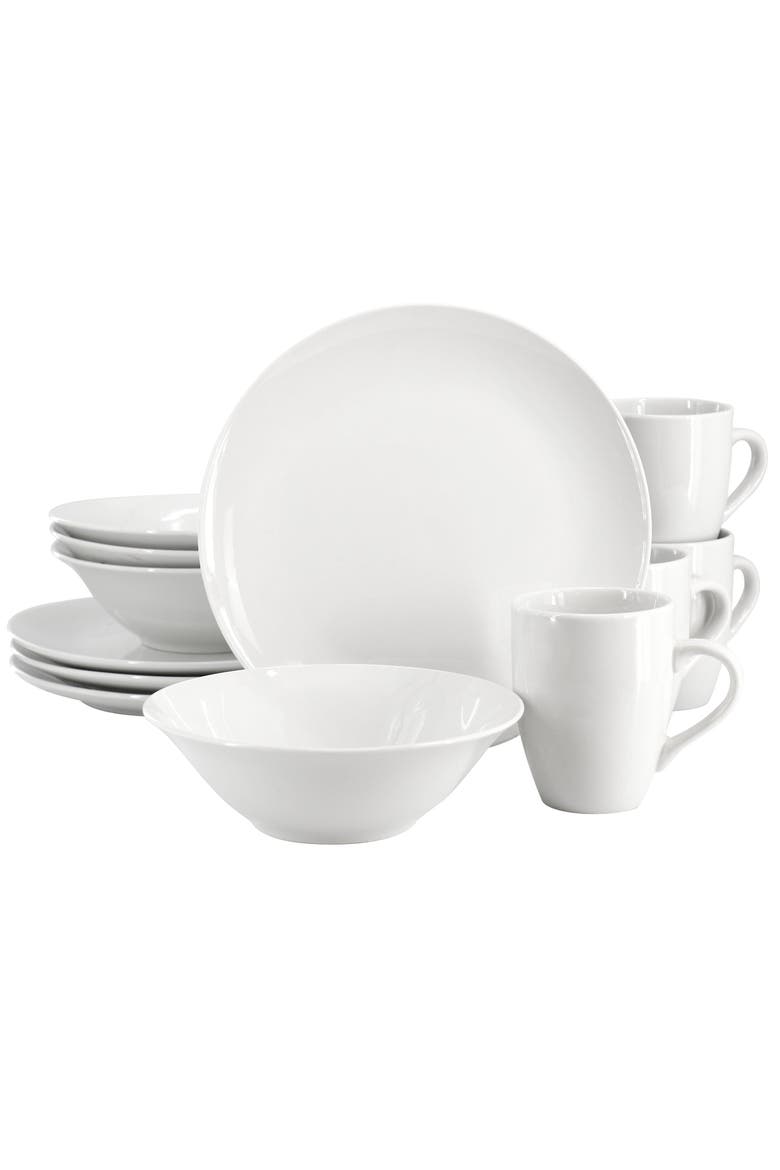 Wintercap 12 Piece Fine Ceramic Dinnerware Set, Main, color, White