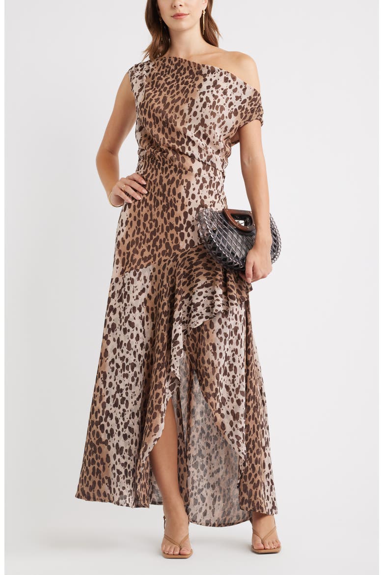 Cascading Off the Shoulder Evening Dress, Alternate, color, TAN- BLACK LEOPARD SPOT