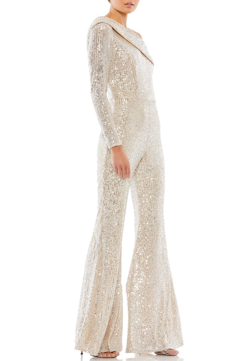 Sequin One-Shoulder Long Sleeve Jumpsuit, Alternate, color, NUDE SILVER